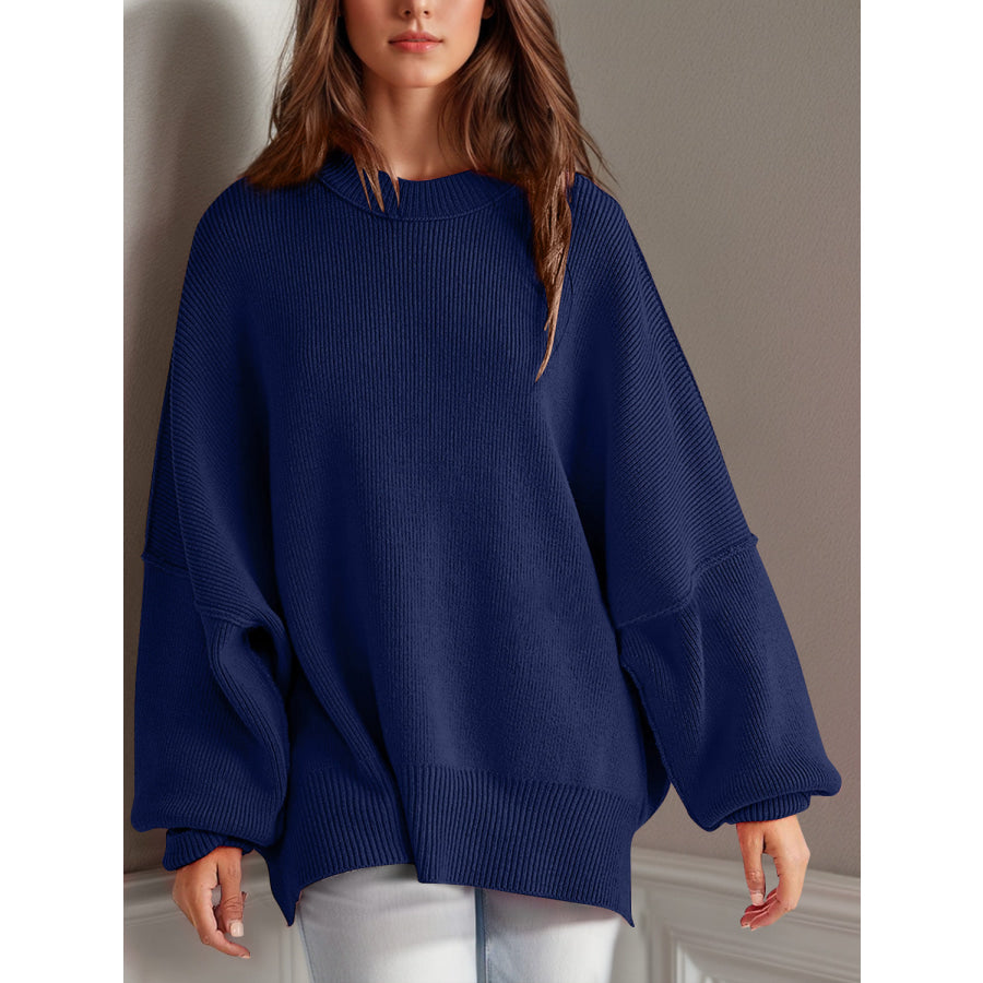 Double Take Side Slit Round Neck Long Sleeve Sweater Dark Blue / S Apparel and Accessories