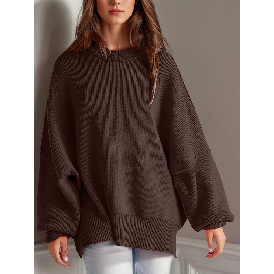 Double Take Side Slit Round Neck Long Sleeve Sweater Dark Brown / S Apparel and Accessories