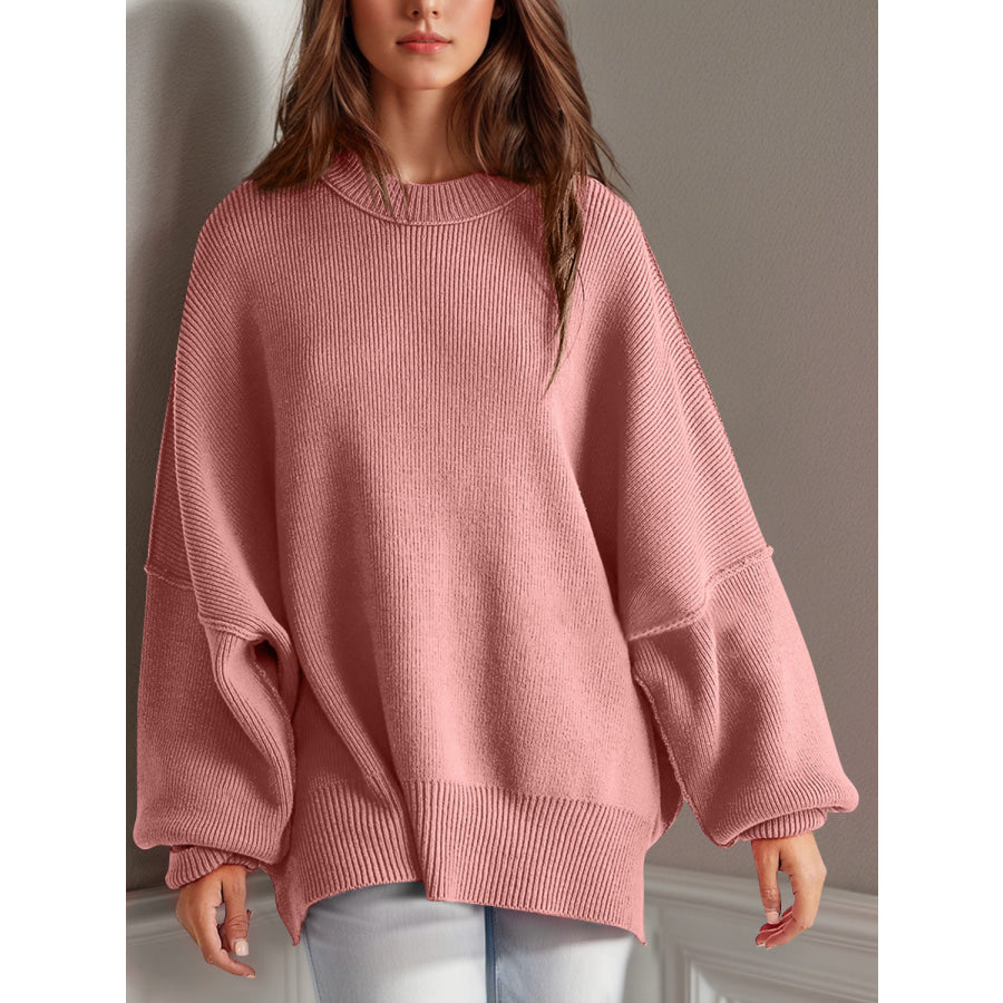 Double Take Side Slit Round Neck Long Sleeve Sweater Dusty Pink / S Apparel and Accessories