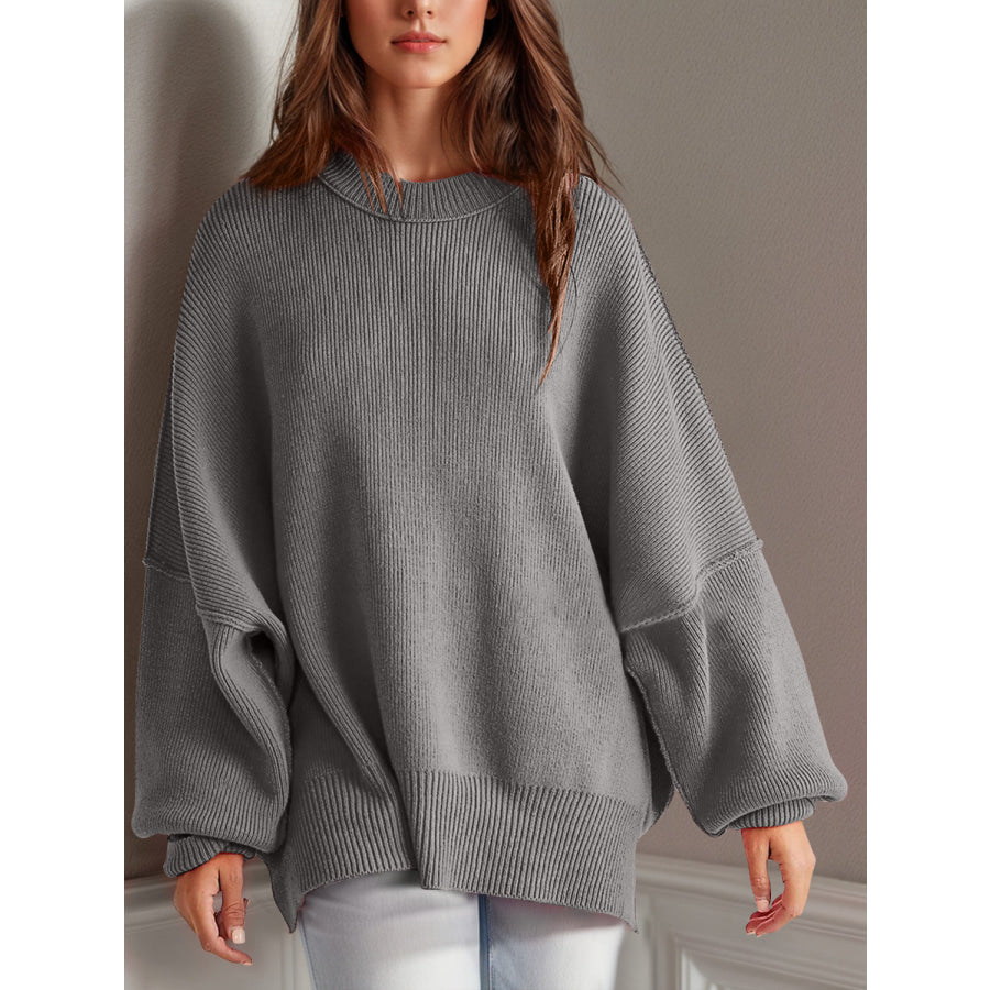 Double Take Side Slit Round Neck Long Sleeve Sweater Gray / S Apparel and Accessories