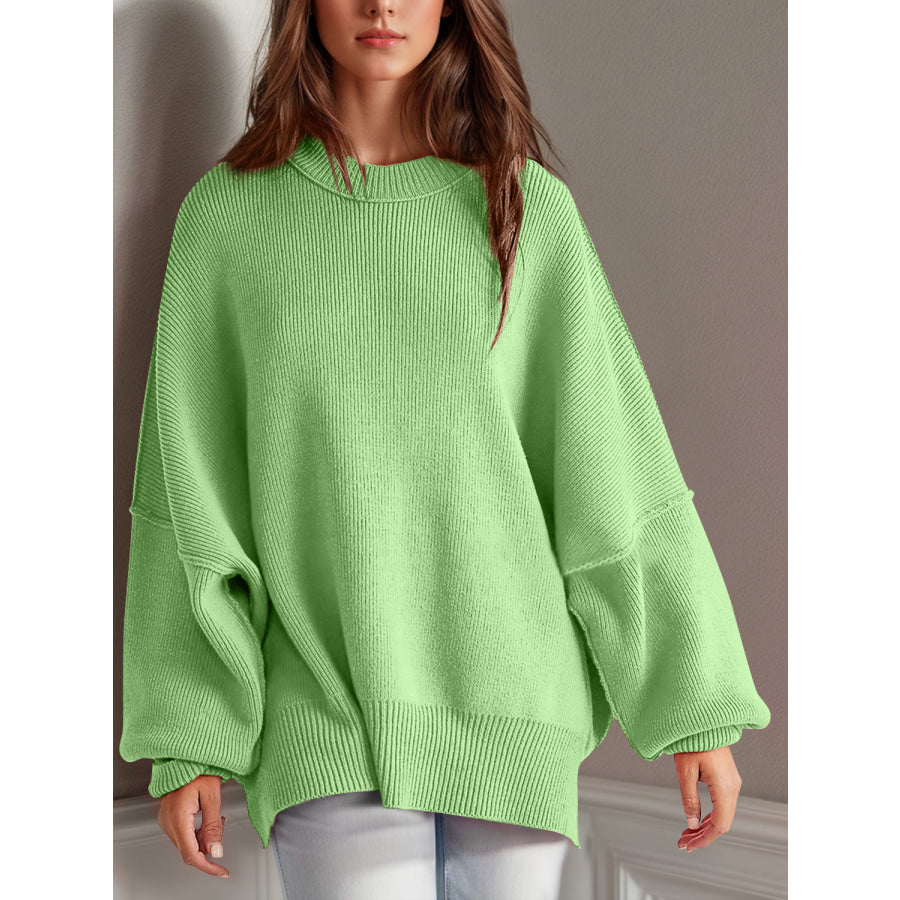 Double Take Side Slit Round Neck Long Sleeve Sweater Lime / S Apparel and Accessories