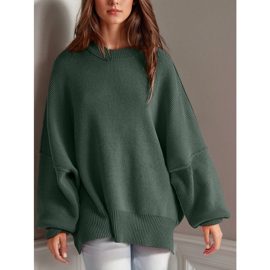 Double Take Side Slit Round Neck Long Sleeve Sweater Moss / S Apparel and Accessories