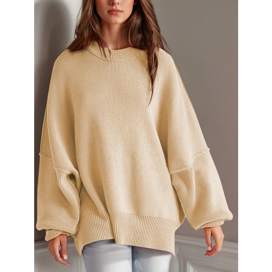 Double Take Side Slit Round Neck Long Sleeve Sweater Pastel Yellow / S Apparel and Accessories