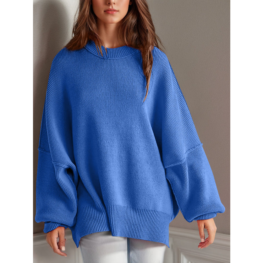 Double Take Side Slit Round Neck Long Sleeve Sweater Royal Blue / S Apparel and Accessories