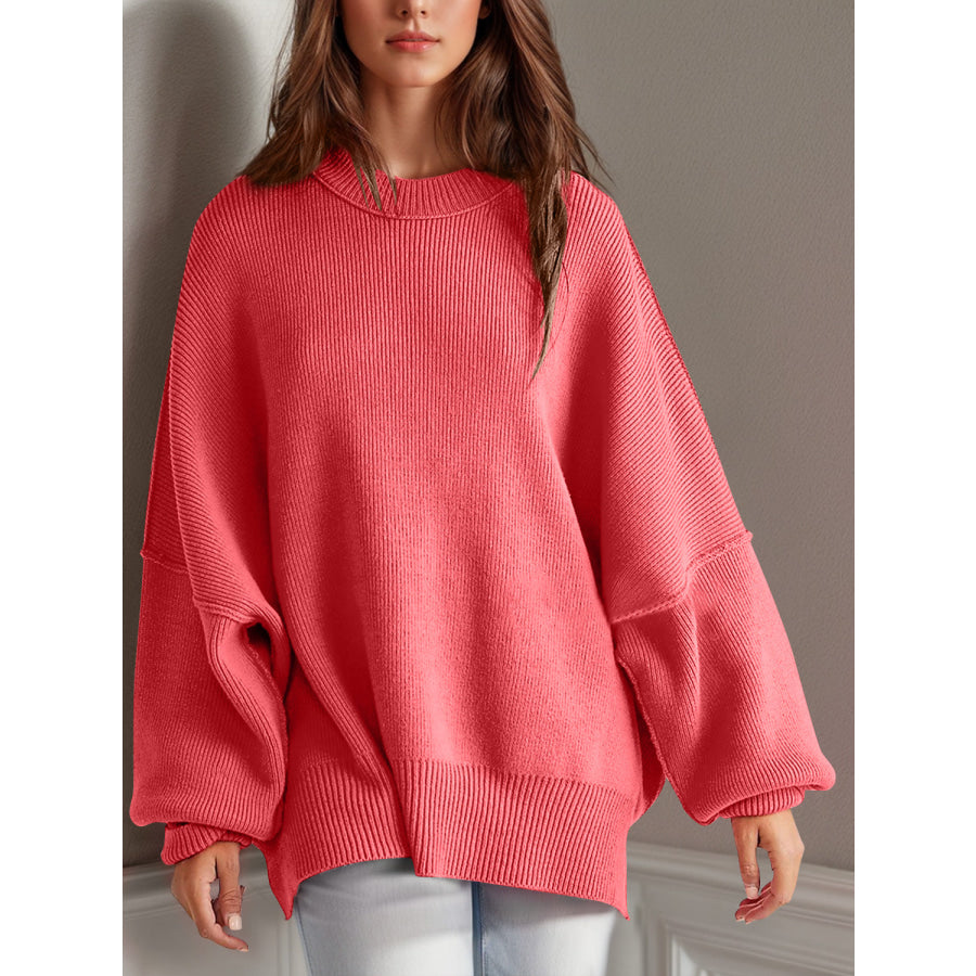 Double Take Side Slit Round Neck Long Sleeve Sweater Strawberry / S Apparel and Accessories