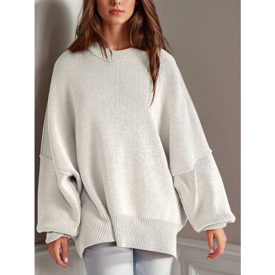 Double Take Side Slit Round Neck Long Sleeve Sweater White / S Apparel and Accessories