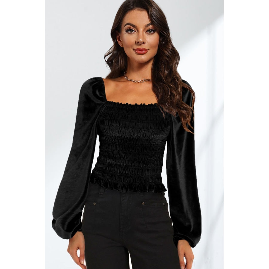 Double Take Smocked Square Neck Long Sleeve Blouse Black / S