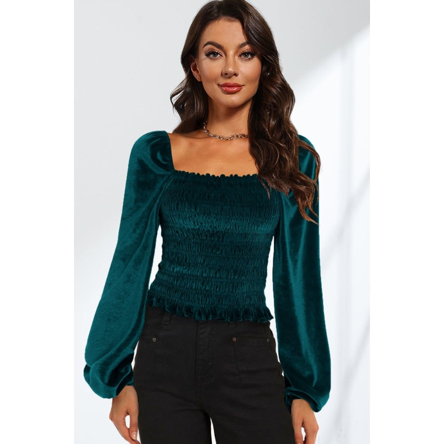 Double Take Smocked Square Neck Long Sleeve Blouse Deep Teal / S