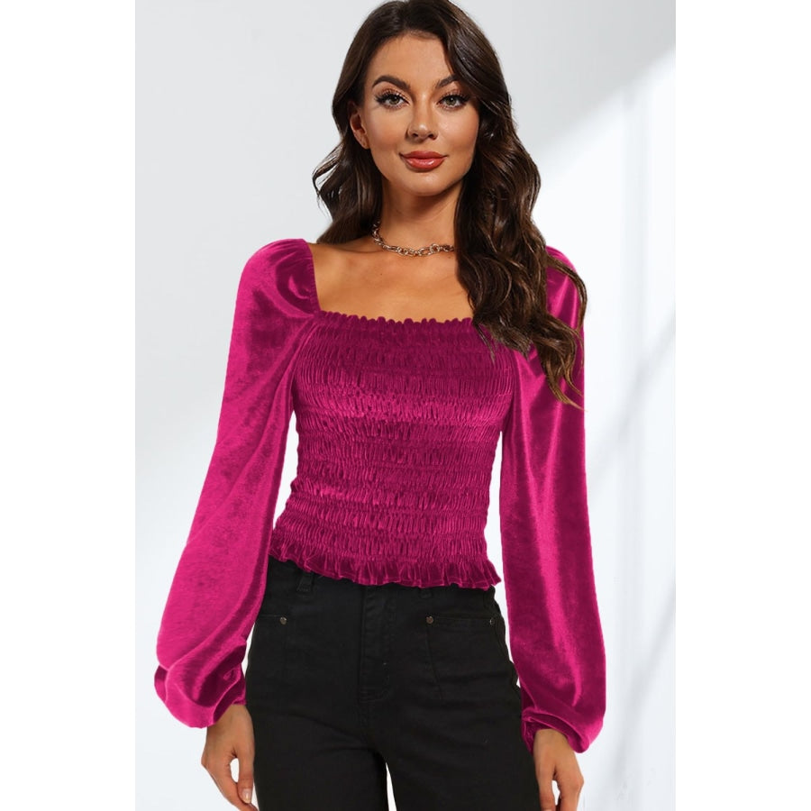 Double Take Smocked Square Neck Long Sleeve Blouse Hot Pink / S