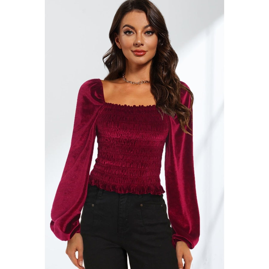 Double Take Smocked Square Neck Long Sleeve Blouse Wine / S