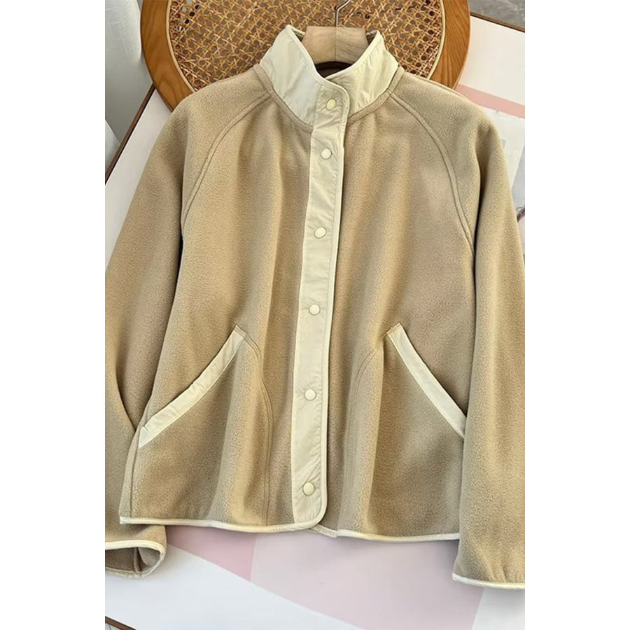 Double Take Snap Down Raglan Sleeve Jacket with Pockets Tan / One Size Apparel and Accessories