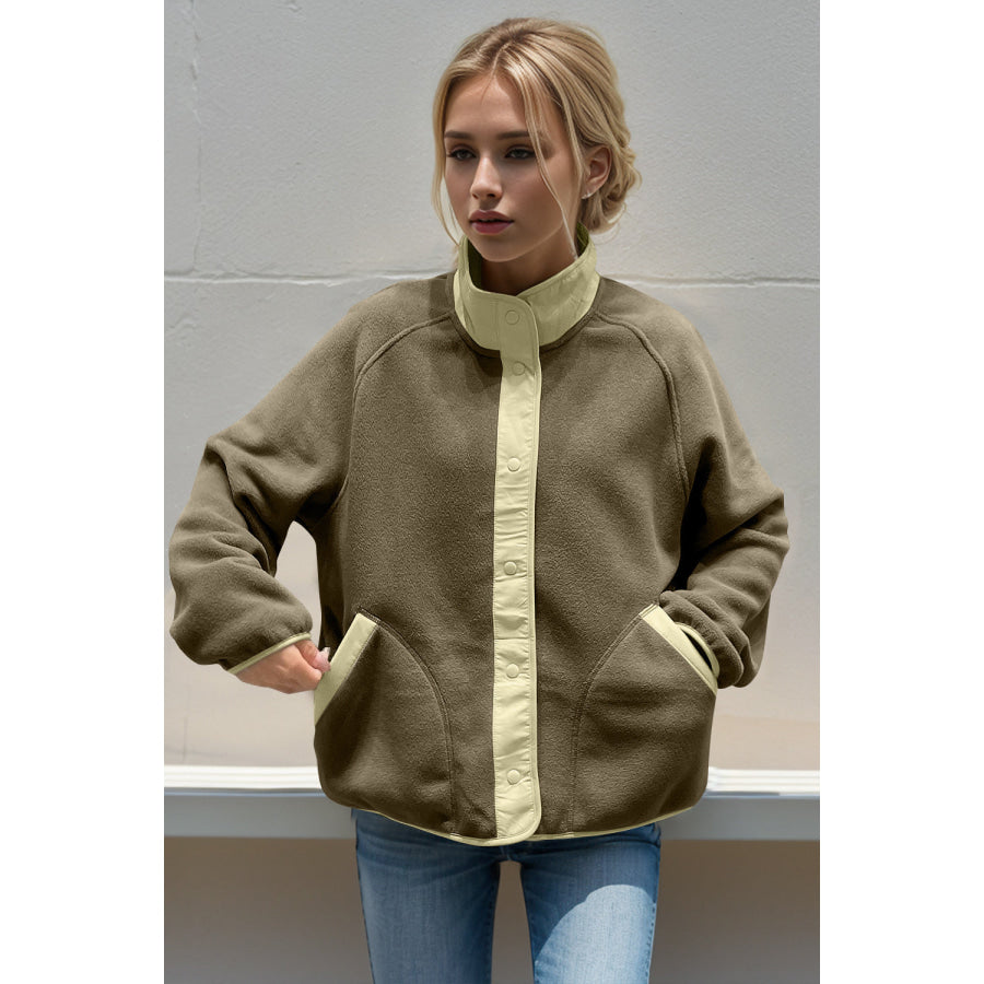 Double Take Snap Down Raglan Sleeve Jacket with Pockets Moss / One Size Apparel and Accessories