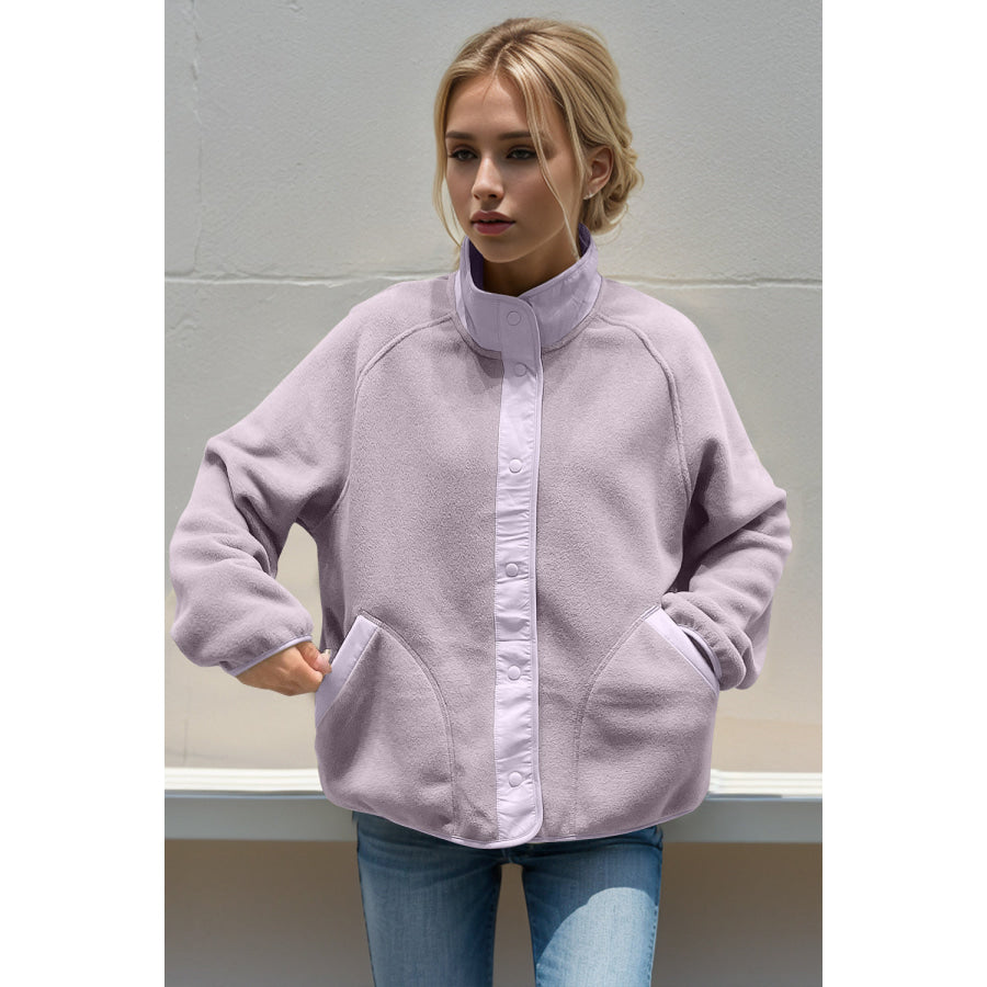 Double Take Snap Down Raglan Sleeve Jacket with Pockets Pink Purple / One Size Apparel and Accessories