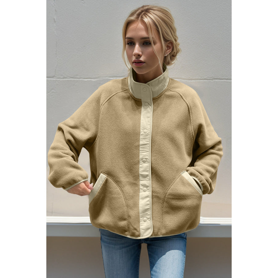 Double Take Snap Down Raglan Sleeve Jacket with Pockets Tan / One Size Apparel and Accessories