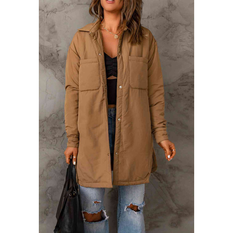 Double Take Snap Down Side Slit Jacket with Pockets Brown / 2XL Coats &amp; Jackets