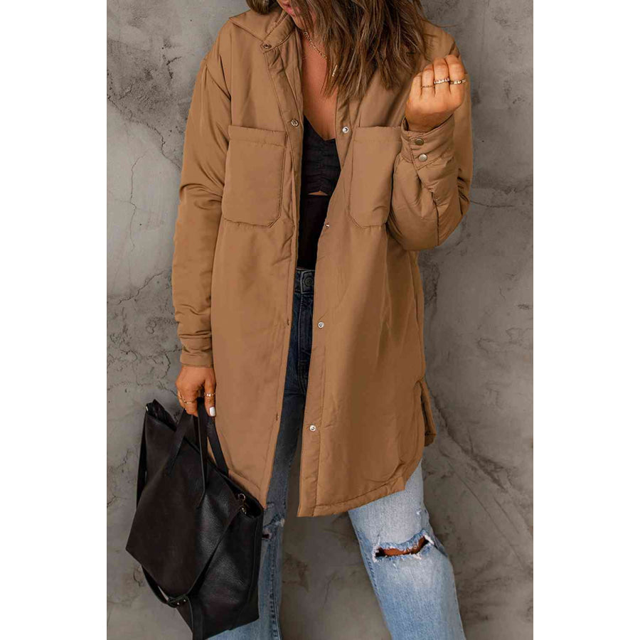 Double Take Snap Down Side Slit Jacket with Pockets Coats &amp; Jackets