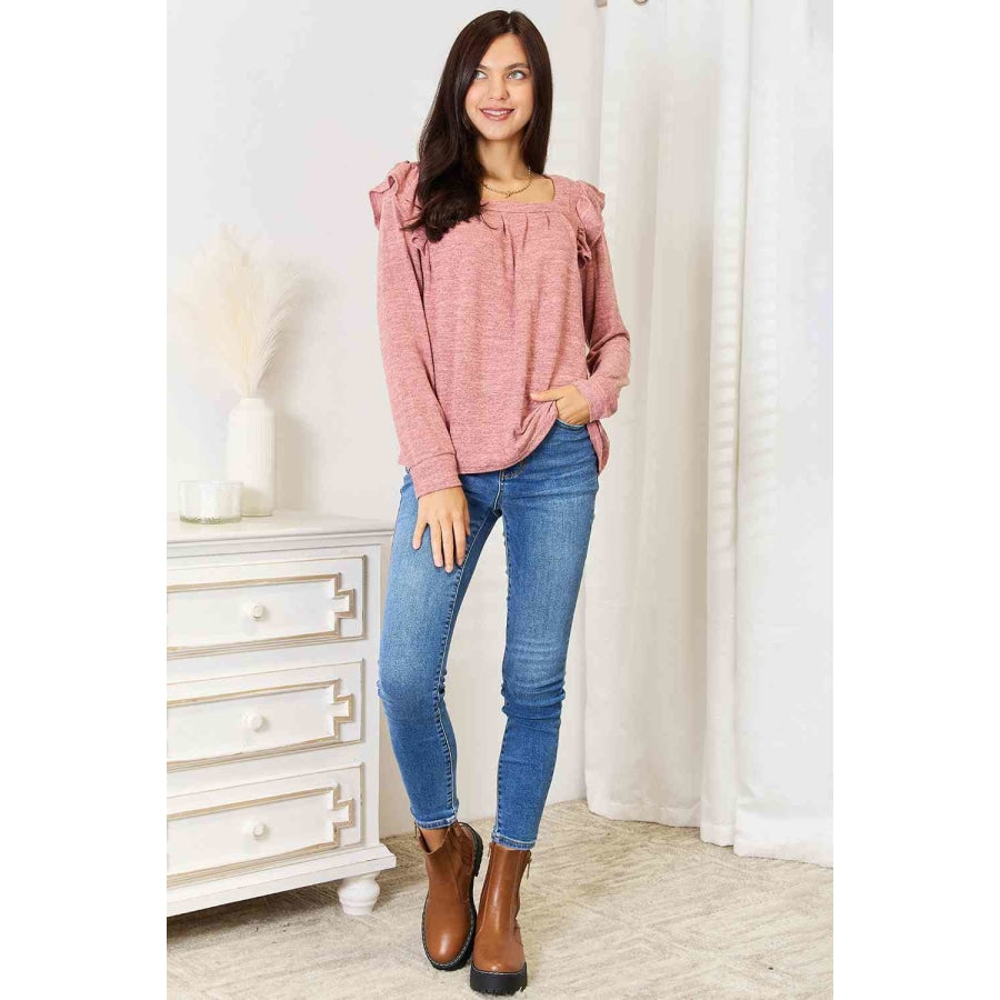 Double Take Square Neck Ruffle Shoulder Long Sleeve T-Shirt