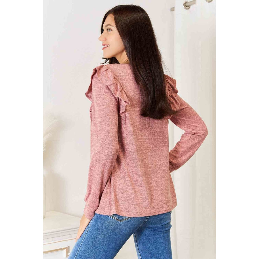 Double Take Square Neck Ruffle Shoulder Long Sleeve T-Shirt