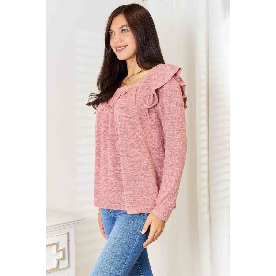 Double Take Square Neck Ruffle Shoulder Long Sleeve T-Shirt