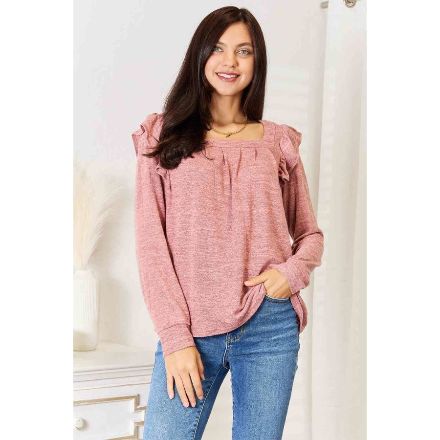 Double Take Square Neck Ruffle Shoulder Long Sleeve T-Shirt