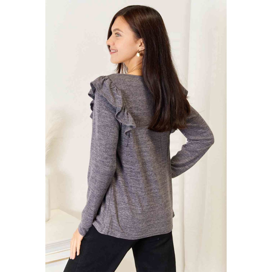 Double Take Square Neck Ruffle Shoulder Long Sleeve T-Shirt