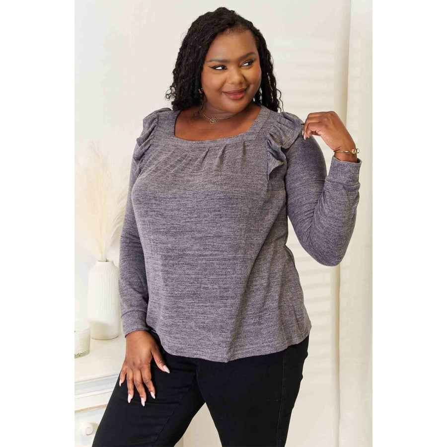 Double Take Square Neck Ruffle Shoulder Long Sleeve T-Shirt