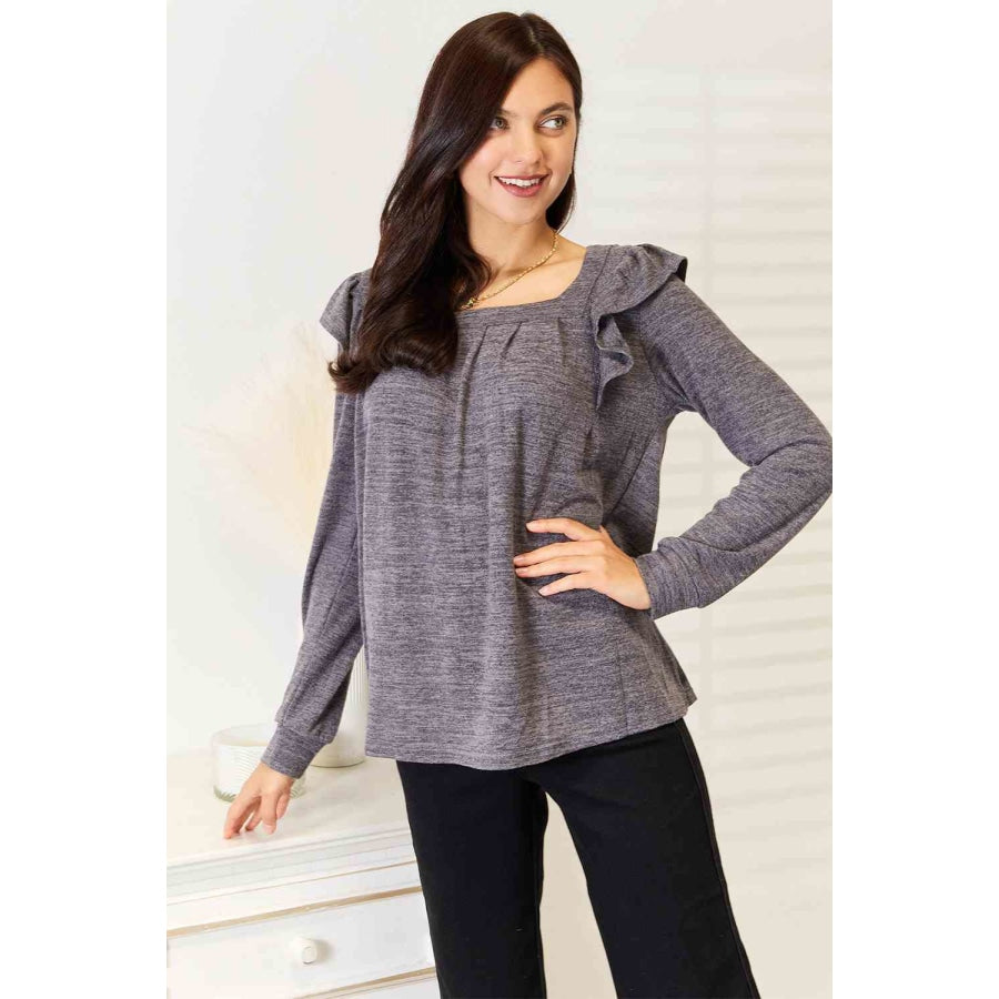 Double Take Square Neck Ruffle Shoulder Long Sleeve T-Shirt