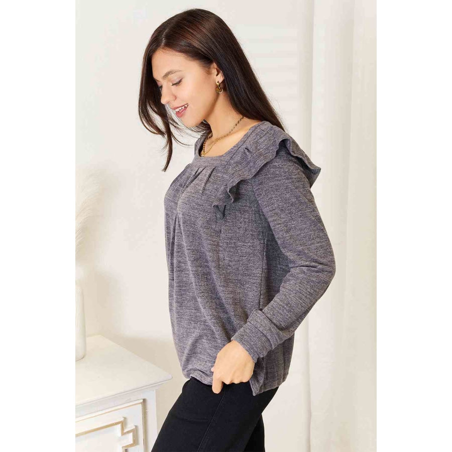 Double Take Square Neck Ruffle Shoulder Long Sleeve T-Shirt