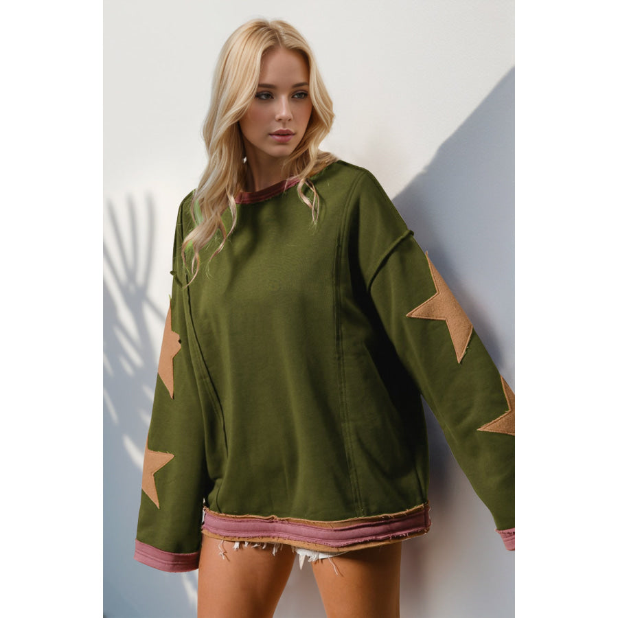 Double Take Star Patched Long Sleeve Sweatshirt Moss / S Apparel and Accessories