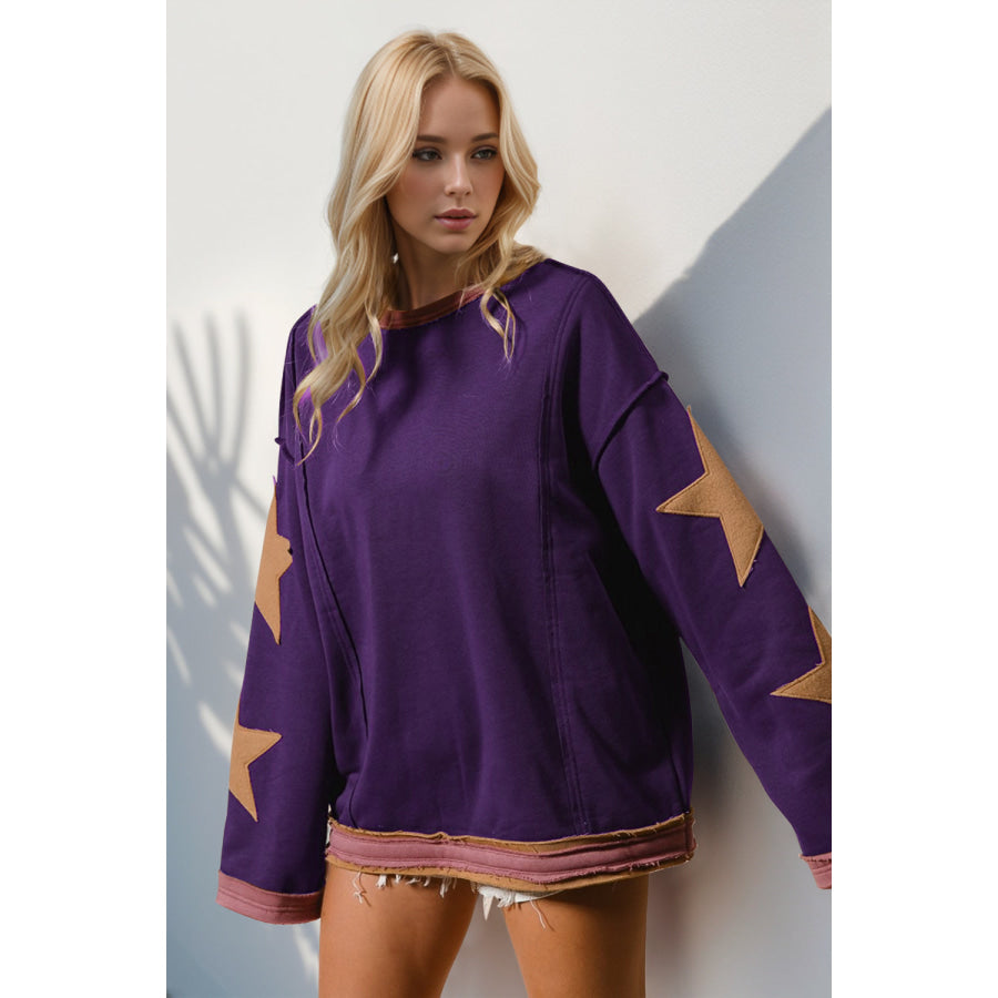 Double Take Star Patched Long Sleeve Sweatshirt Purple / S Apparel and Accessories