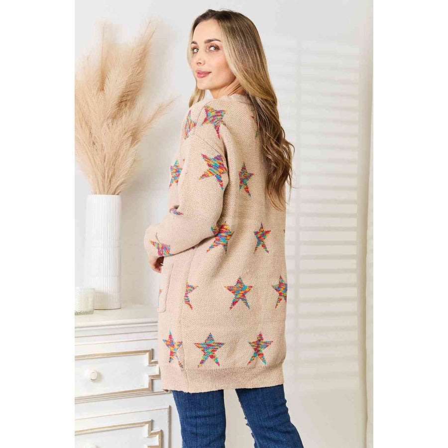 Double Take Star Pattern Open Front Longline Cardigan Mocha / S Apparel and Accessories