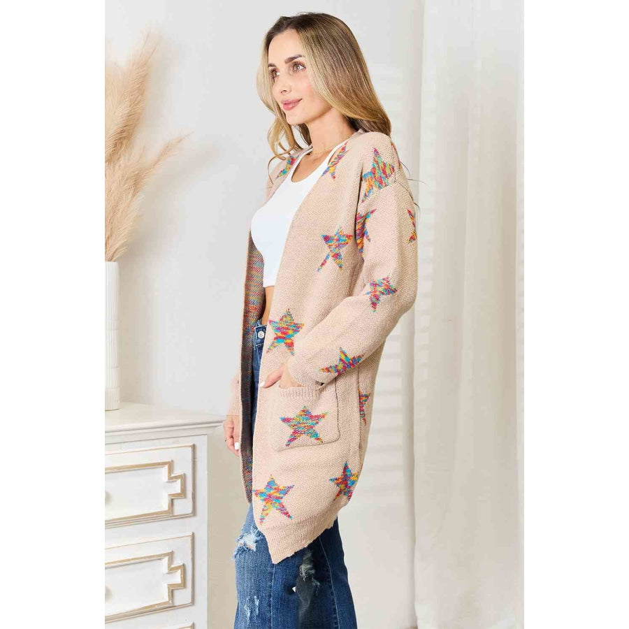 Double Take Star Pattern Open Front Longline Cardigan Apparel and Accessories