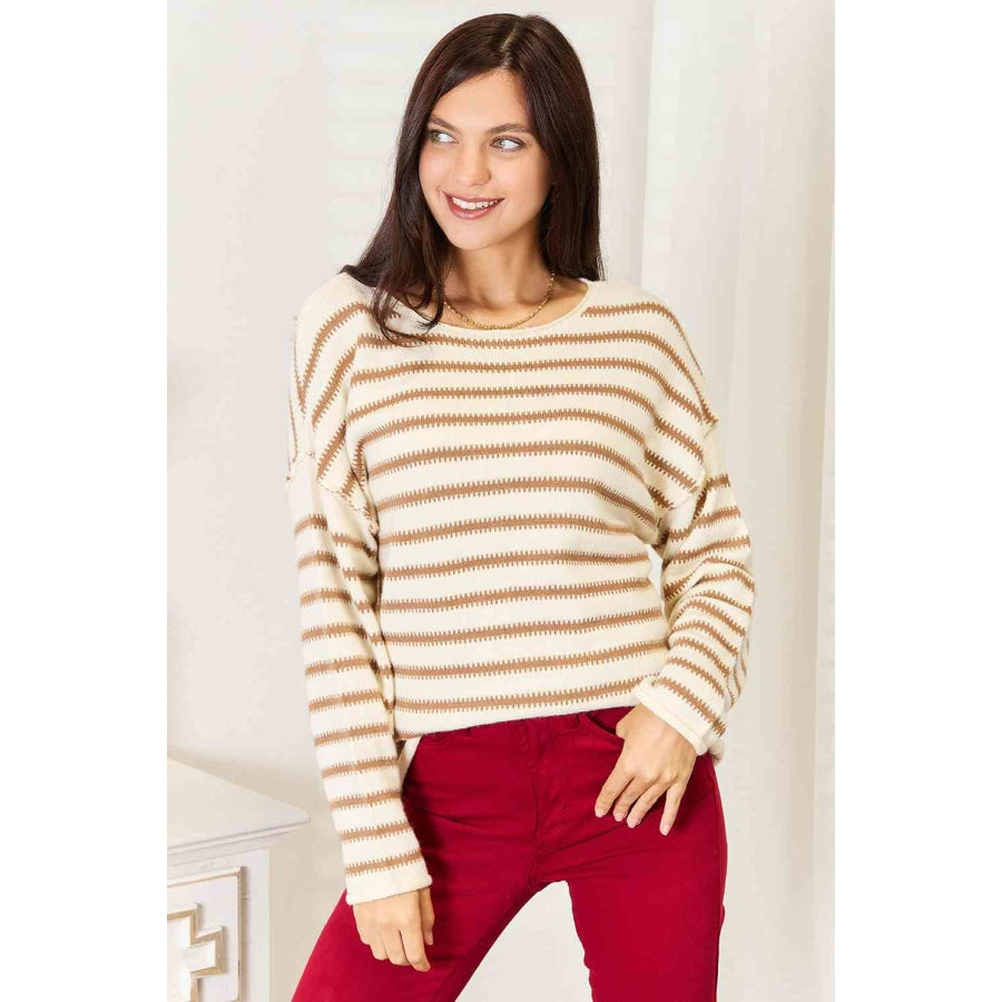 Double Take Striped Boat Neck Sweater Stripe / S