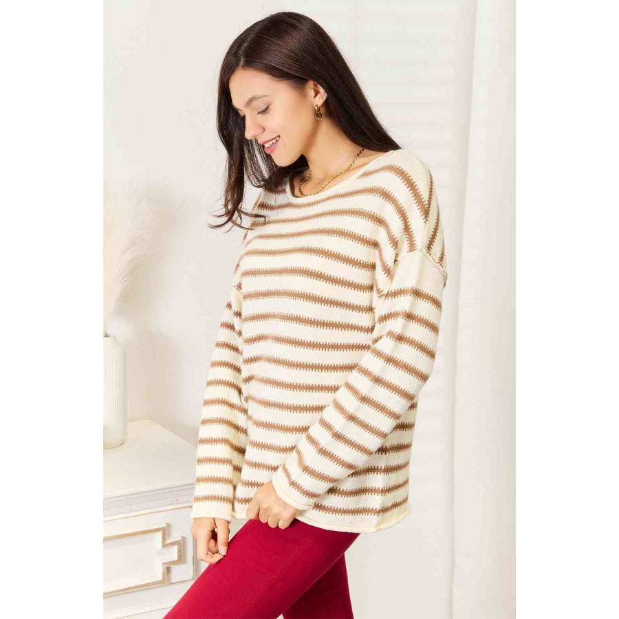 Double Take Striped Boat Neck Sweater