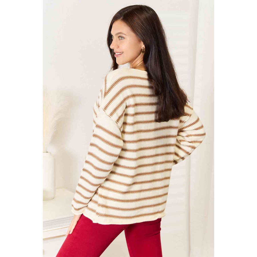 Double Take Striped Boat Neck Sweater Stripe / S