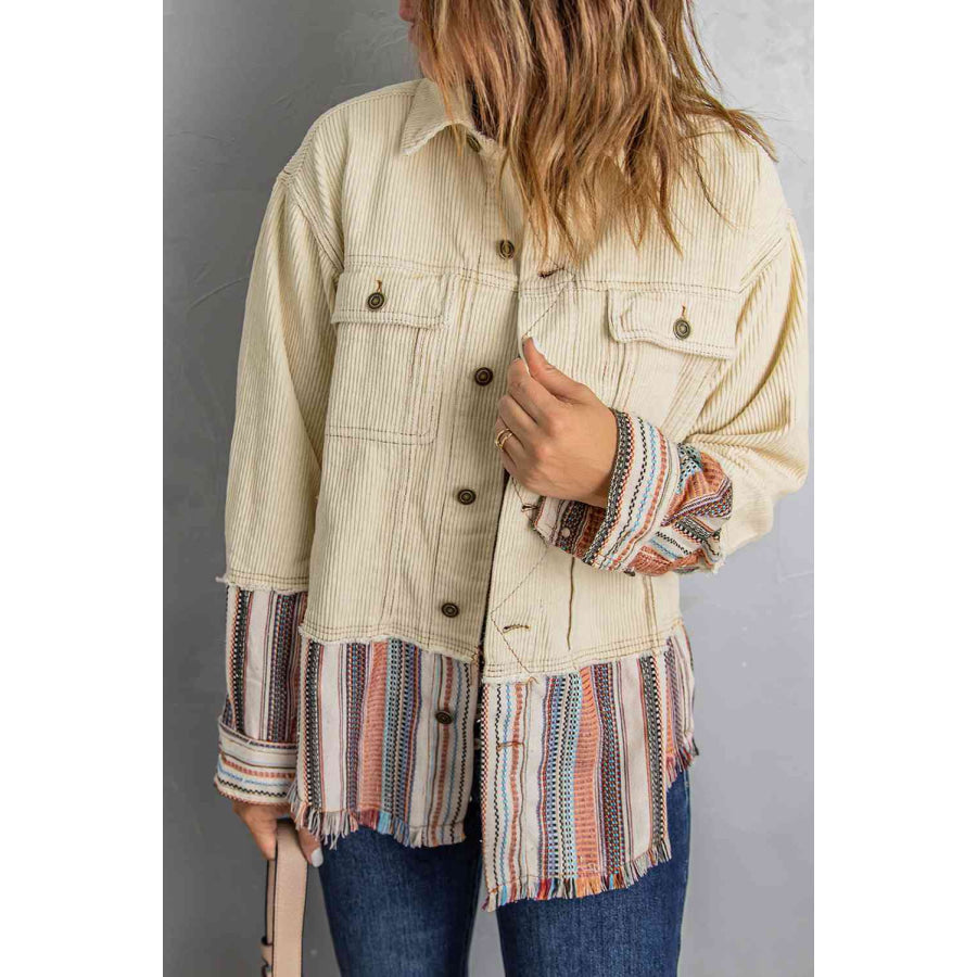 Double Take Striped Frayed Hem Corduroy Jacket Beige / S Coats &amp; Jackets