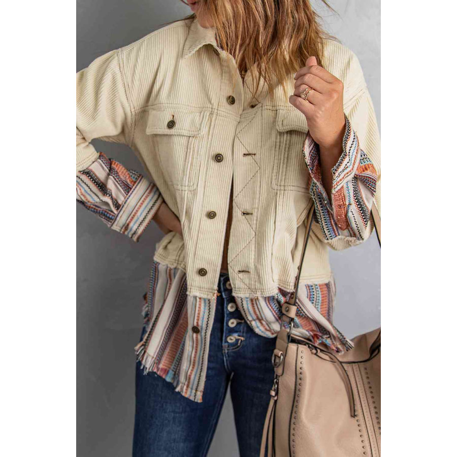 Double Take Striped Frayed Hem Corduroy Jacket Coats &amp; Jackets