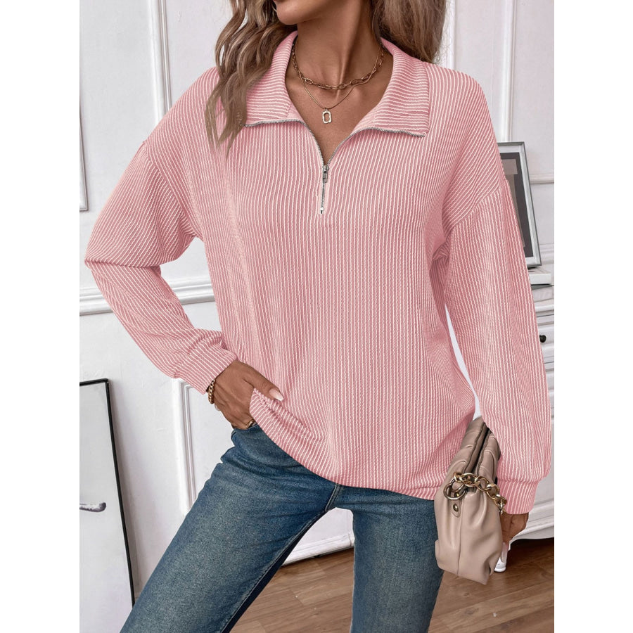 Double Take Striped Half Zip Long Sleeve T-Shirt Apparel and Accessories