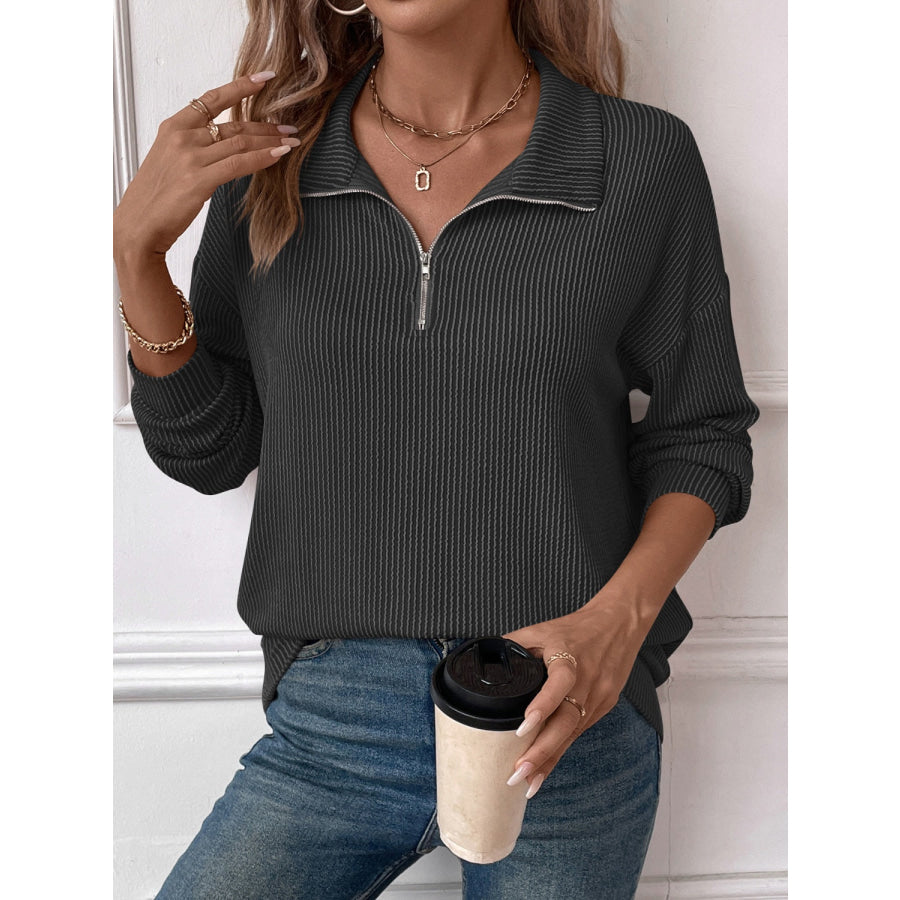 Double Take Striped Half Zip Long Sleeve T-Shirt Apparel and Accessories