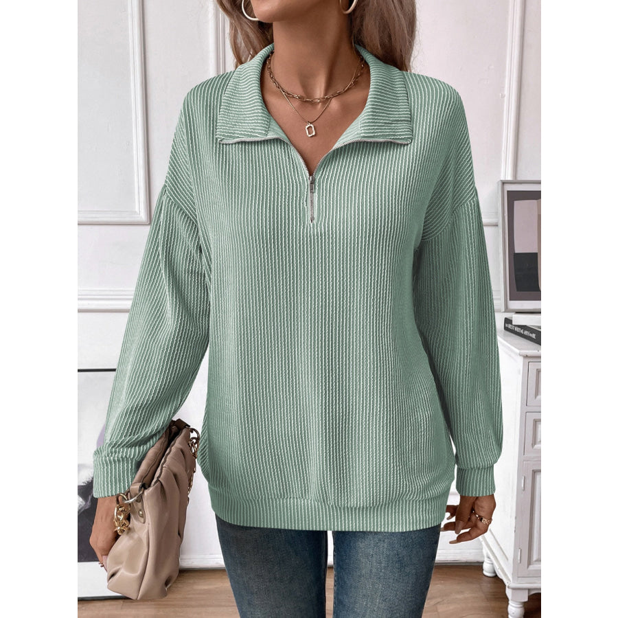 Double Take Striped Half Zip Long Sleeve T-Shirt Apparel and Accessories