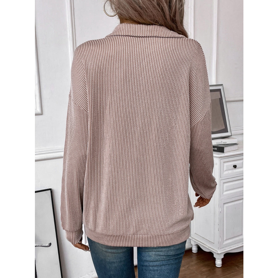 Double Take Striped Half Zip Long Sleeve T-Shirt Taupe / S Apparel and Accessories