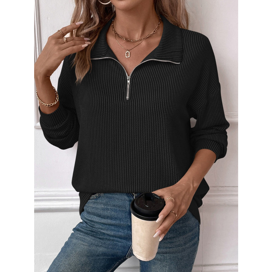 Double Take Striped Half Zip Long Sleeve T-Shirt Apparel and Accessories