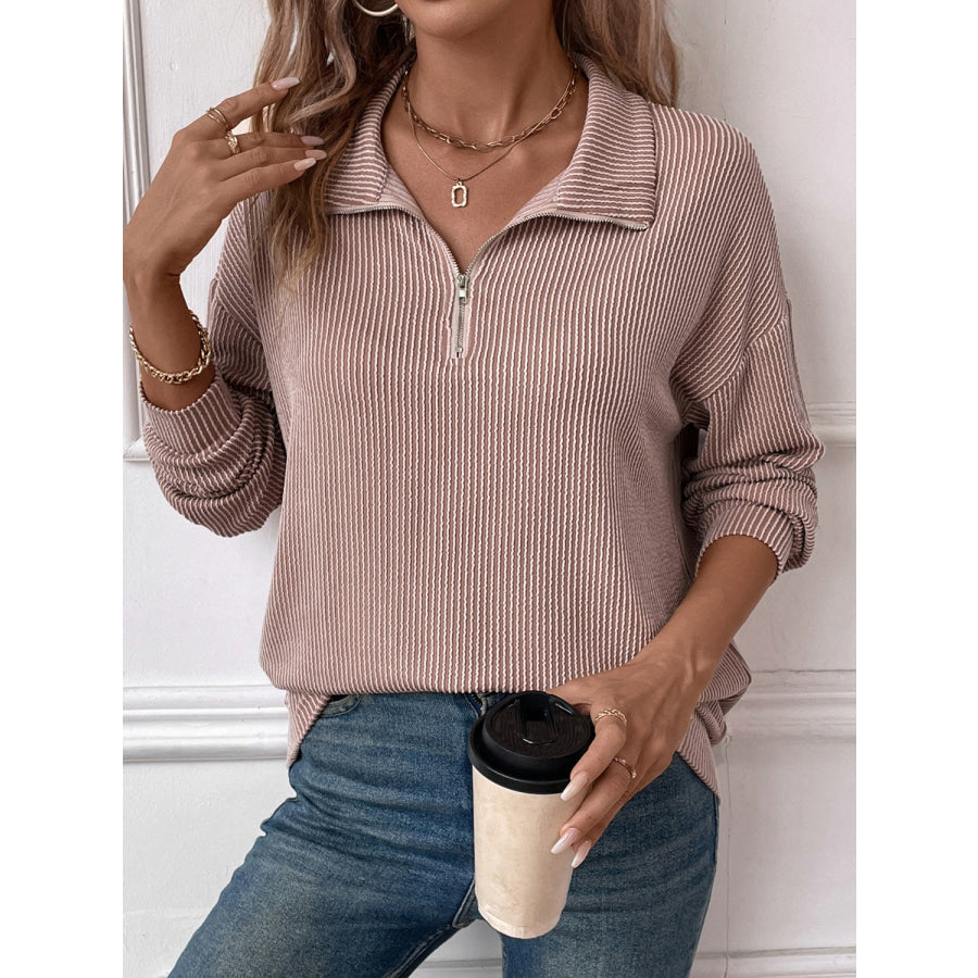 Double Take Striped Half Zip Long Sleeve T-Shirt Apparel and Accessories