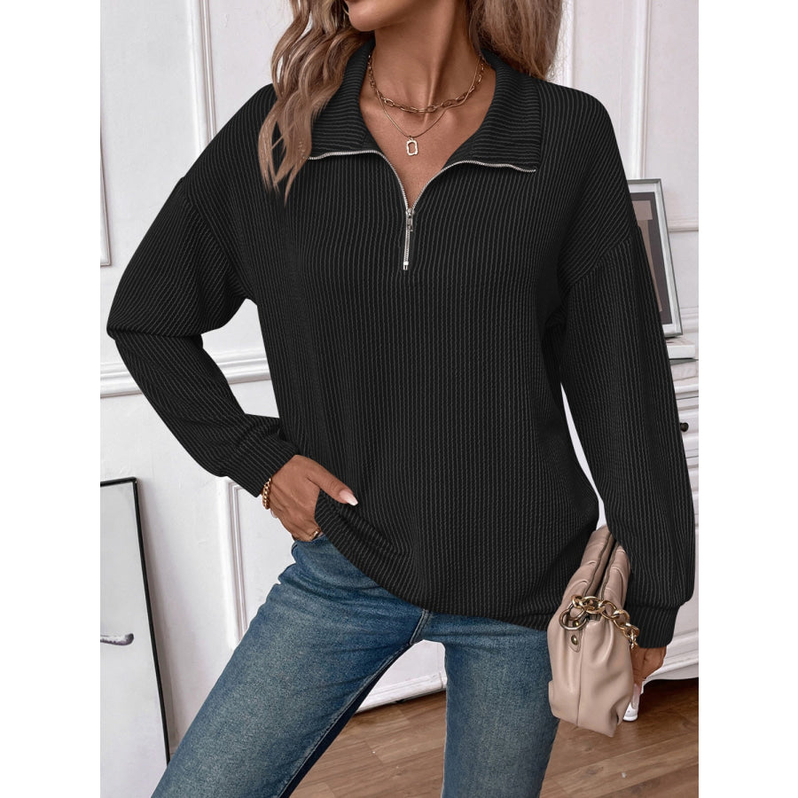 Double Take Striped Half Zip Long Sleeve T-Shirt Apparel and Accessories