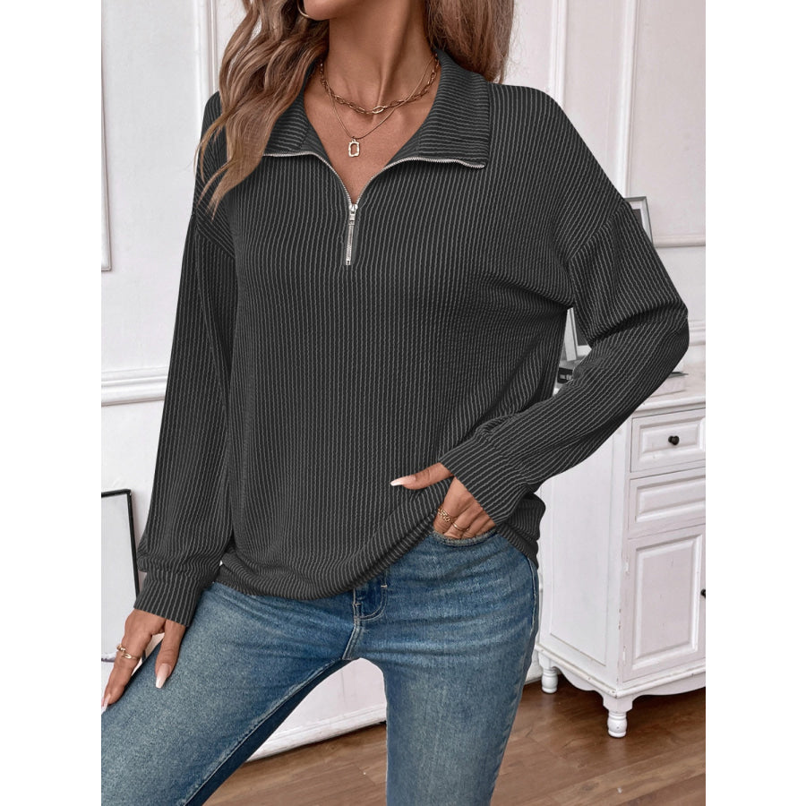 Double Take Striped Half Zip Long Sleeve T-Shirt Apparel and Accessories