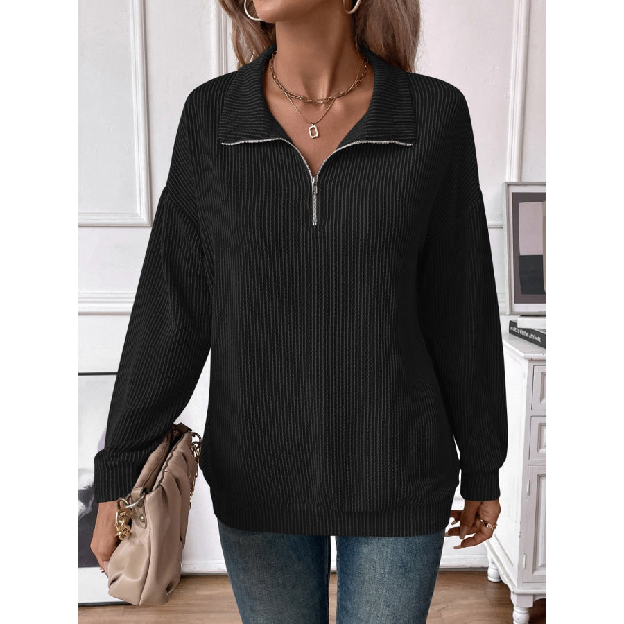 Double Take Striped Half Zip Long Sleeve T-Shirt Apparel and Accessories