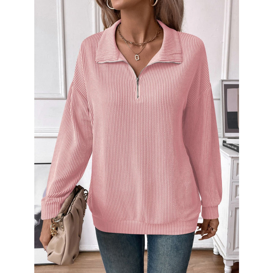 Double Take Striped Half Zip Long Sleeve T-Shirt Apparel and Accessories