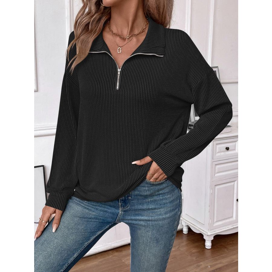 Double Take Striped Half Zip Long Sleeve T-Shirt Black / S Apparel and Accessories