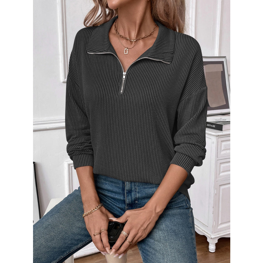 Double Take Striped Half Zip Long Sleeve T-Shirt Dark Gray / S Apparel and Accessories