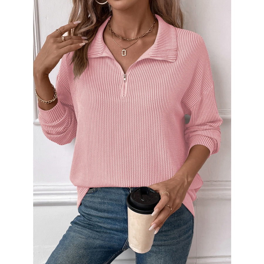 Double Take Striped Half Zip Long Sleeve T-Shirt Dusty Pink / S Apparel and Accessories